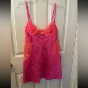 Victoria’s Secret hot pink chemise gown lingerie sheer lace cut out sides 36B